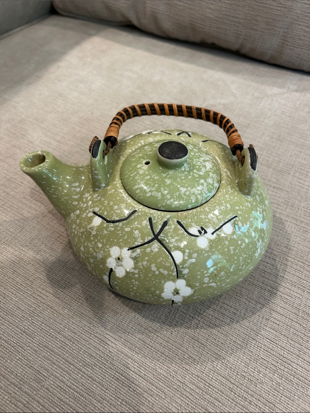 Japanese style ceramic Floral Teapot with Woven Handle